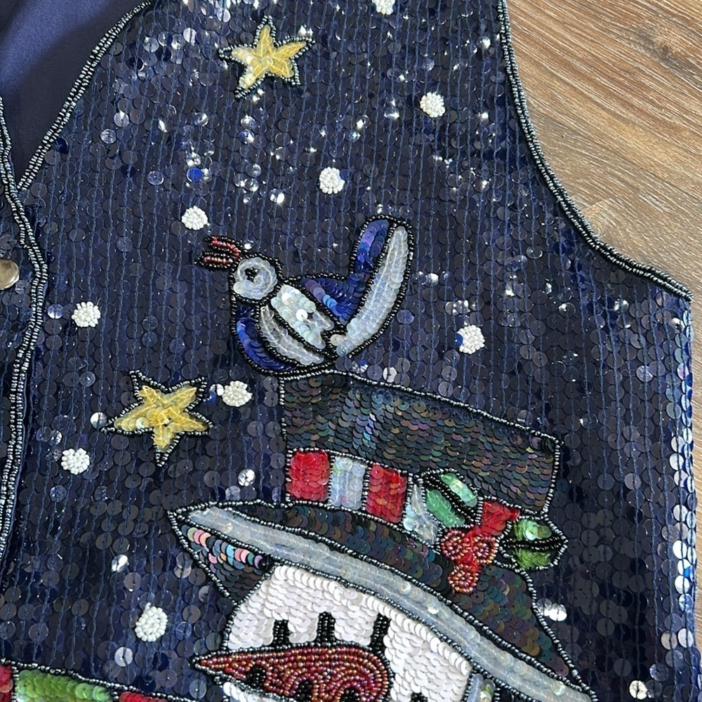 The Quacker Factory sequin snowman Christmas vest Large Navy - Picture 4 of 11